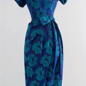 1950's Brilliant Blue & Green Floral Silk Brocade Cocktail Dress